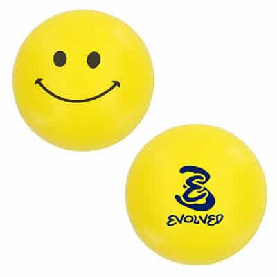 Foam smiley face stress ball printed with a promotional logo.