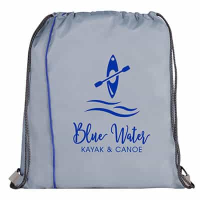 Polyester royal blue reversible drawstring bag with custom logo.