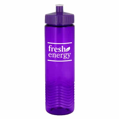 Plastic purple water bottle with push pull lid and custom print in 24 ounces.