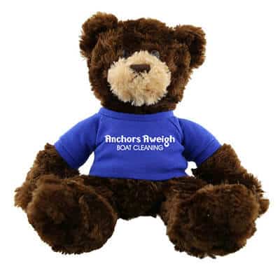 Plush and cotton royal blue hold a bear-dark brown with customized imprint.