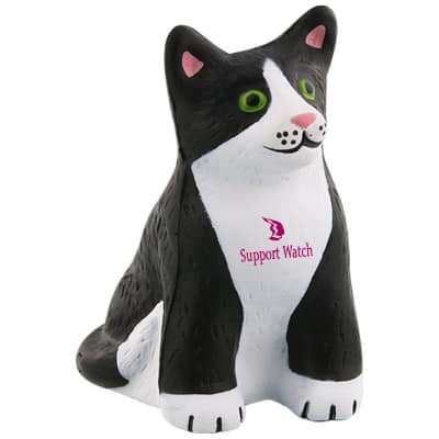 Foam cat stress reliever with a printed logo.