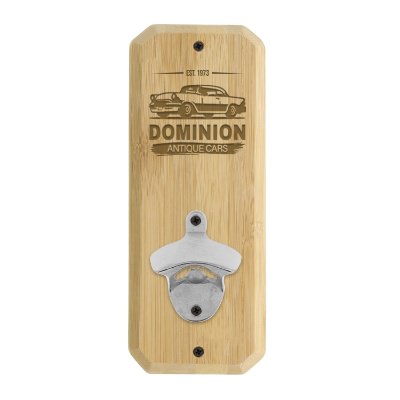 Emerson bamboo plaque wall mounted bottle opener with laser engraved bottle opener.