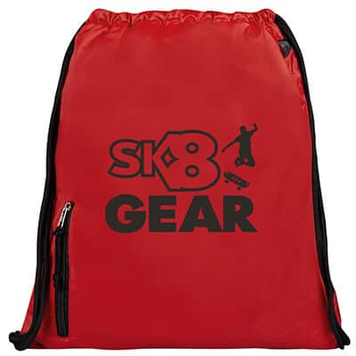 Nylon red mighty sports drawstring bag with branded logo.