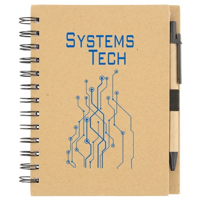 Imprinted cardboard note book with recycled pen.