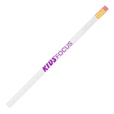 White pencil with custom purple logo.