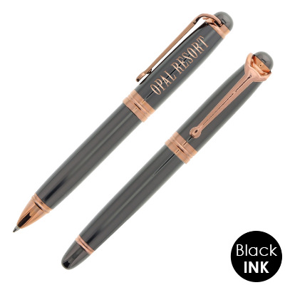 Rose gold accented pen set with custom engraved logo.