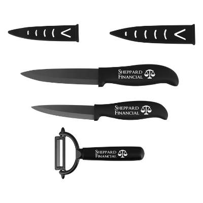 Black ceramic knife set and peeler set with promotional imprint.