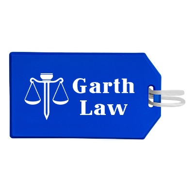 Blue luggage tag with custom logo and clear strap.
