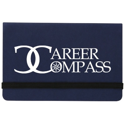 Logo on navy blue business card wallet with sticky notes.