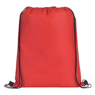 Blank polypropylene red drawstring bag.