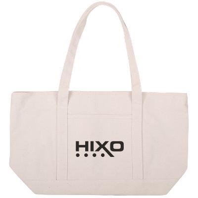 Cotton canvas natural large cruiser tote with custom imprinting.