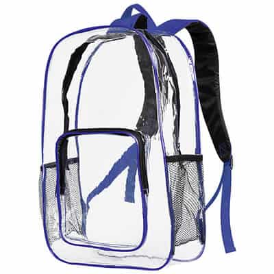 Plastic and polyester blue and clear backpack blank.