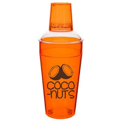 Acrylic orange cocktail shaker with custom logo in 20 ounces.