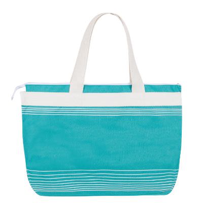 Polyester teal harbor stripe tote blank.