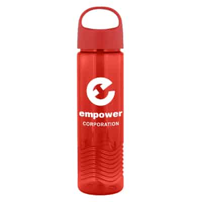 Plastic red water bottle with oval crest lid and custom print in 24 ounces.