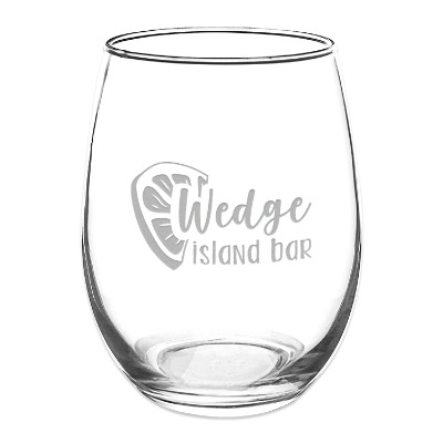 Clear wine glass with engraved logo.