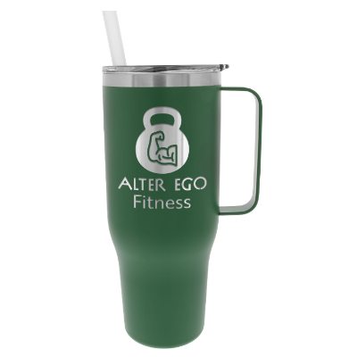 Stainless steel tumbler in 40 oz. with a custom engraved logo.