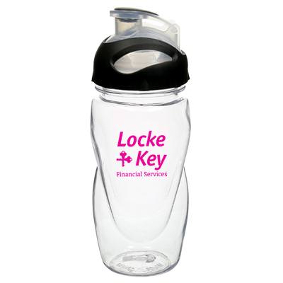 Plastic clear water bottle with custom print in 17 ounces.
