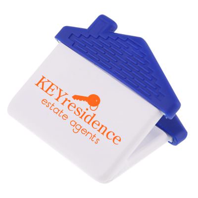 Plastic white with blue grip house magnet chip clip branded.