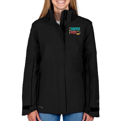 Black embroidered personalized ladies insulated jacket.