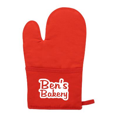 Red plaid therma-grip pocket oven mitt with custom printed logo.