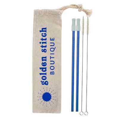 Imprinted blue metallic stainless steel straw 2 pack.
