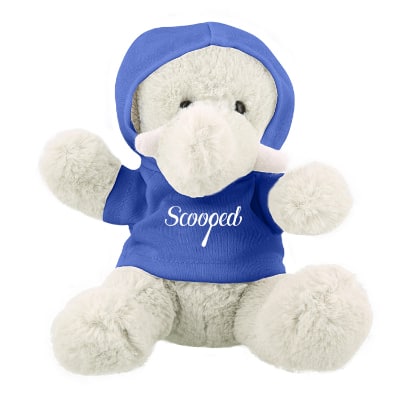 Plush and cotton elephant with royal blue hoodie with personalized logo.