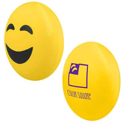 Foam smile emoji stress ball with a promotional imprint.