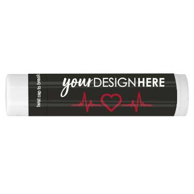 Red background branded lip balm with an EKG.