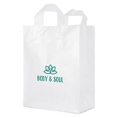 Plastic frosted clear with handles recyclable shopper bag custom printed.