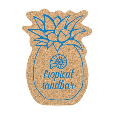 Large cork pineapple coaster with imprinted brand.