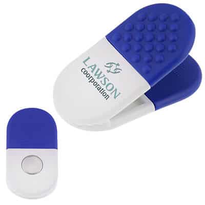 Plastic blue capsule magnet chip clip full color branded.