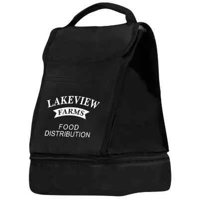 Polyester black dual compartment lunch bag with logo.