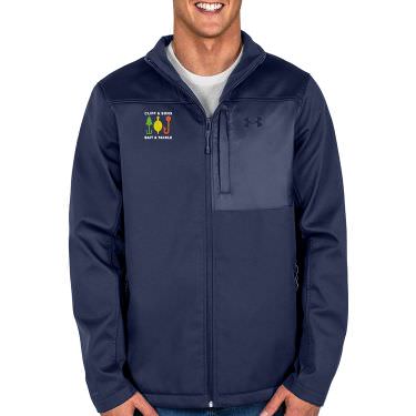 Embroidered personalized blue soft shell mens jacket.