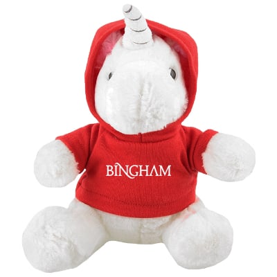 Plush and cotton unicorn with red hoodie with personalized logo.