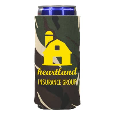 Foam camo energy drink can cooler with custom printing.