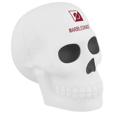 Foam skull stress ball with personalized promo.
