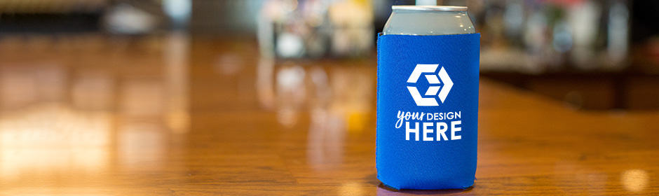 Blue personalized neoprene koozies with white imprint