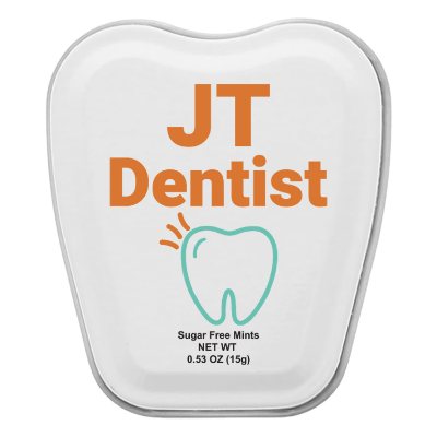 Personalized white tooth shaped full color mint tin.