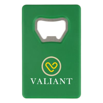Plastic green with metal credit card bottle opener full color personalized.