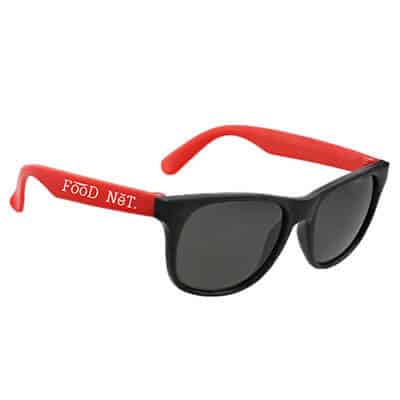 Polypropylene resin and polycarbonate red black frame retro sunglasses with custom imprint.