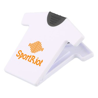 Translucent red plastic t-shirt shaped magnetic clip with custom printed logo.