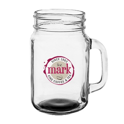 Black mason jar with full color logo.