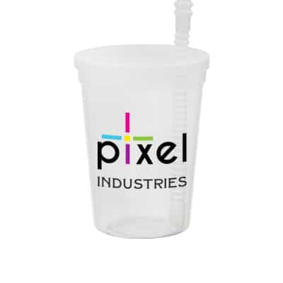 Plastic blue stadium cup with lid and straw and custom full-color logo in 12 ounces.