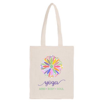 Natural cotton tote bag with full-color custom logo and reinforced handles.