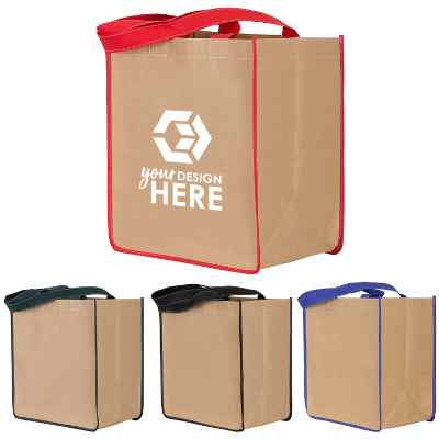 Paper and polypropylene red tote with custom logo.