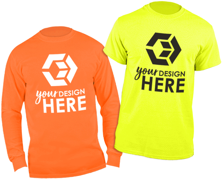 Custom safety shirts orange long-sleeve t-shirt with white imprint and yellos safety shirts with logo yellow in black