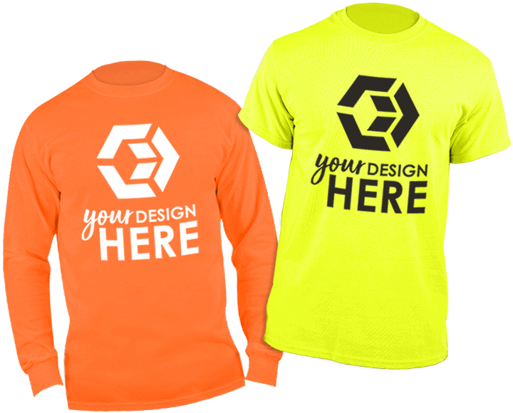 Custom safety shirts orange long-sleeve t-shirt with white imprint and yellos safety shirts with logo yellow in black