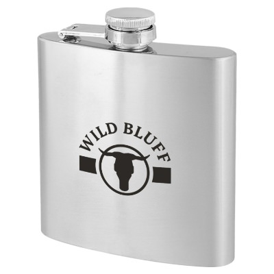 Stainless steel flask with custom imprint in 6 ounces.