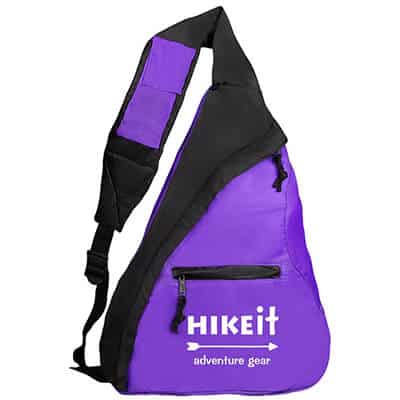 Polyester purple budget sling backpack with branded logo.